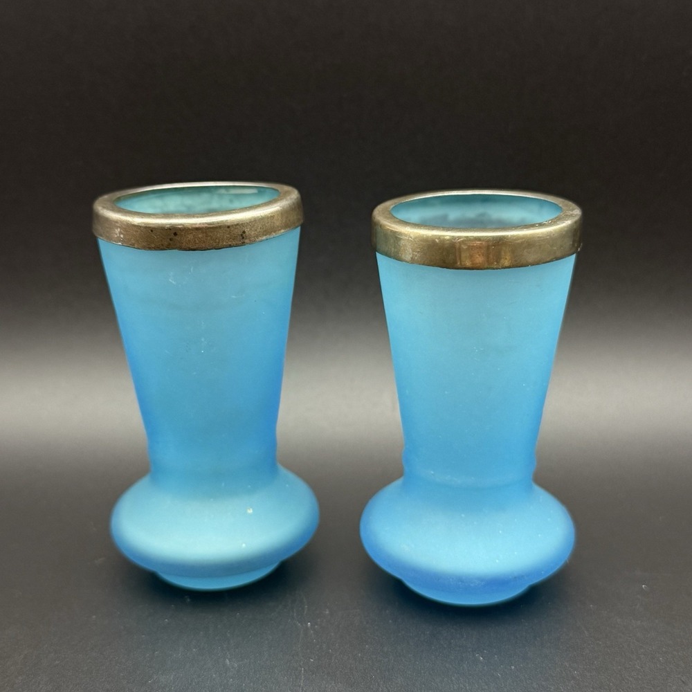 Antique Italian Opaline Blue Glass Posy Bud Vase Pair Silver Rim Victorian 3in - Picture 4 of 8